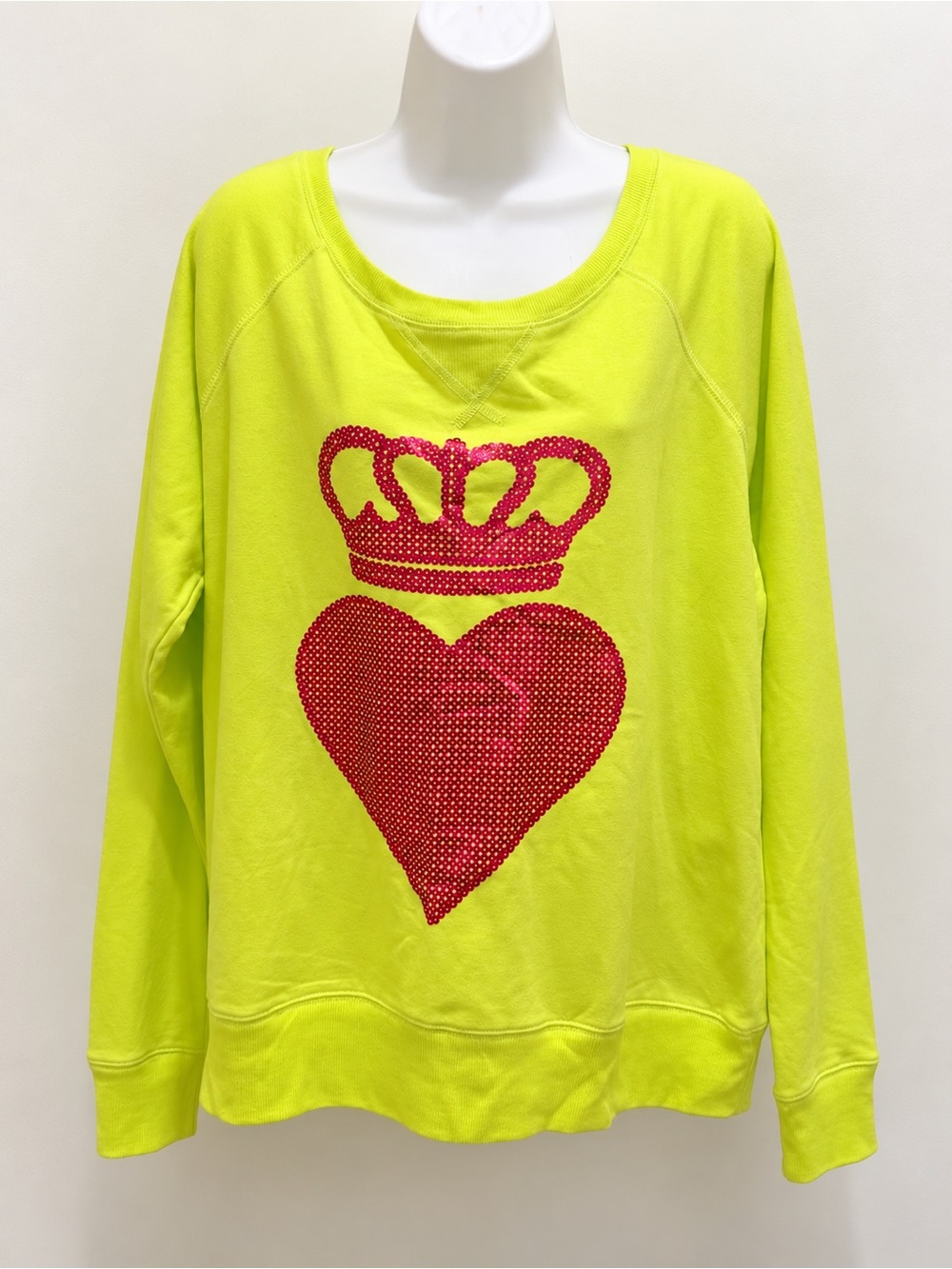 Juniors XL Neon Yellow Sequin Heart Crown Sweatshirt NWT